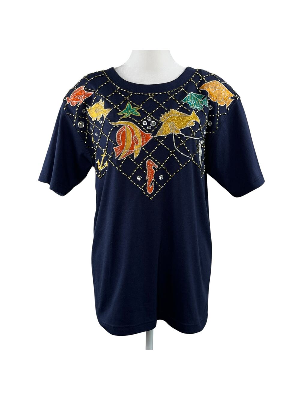 Vintage 90s Victoria Harbour Tropical Fish Sequin Applique T-Shirt Navy Blue S